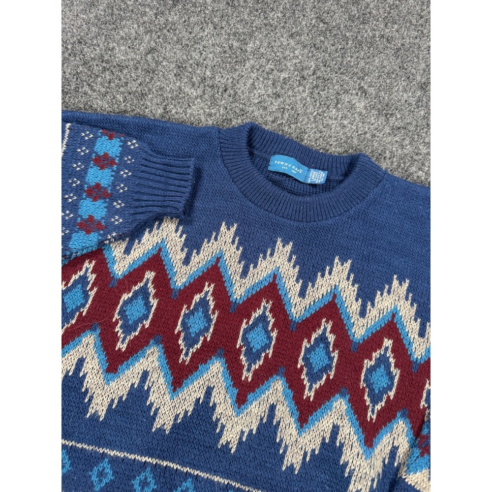 VTG Towncraft Sweater Mens Blue Southwest Aztec Geometric Crewneck Pullover